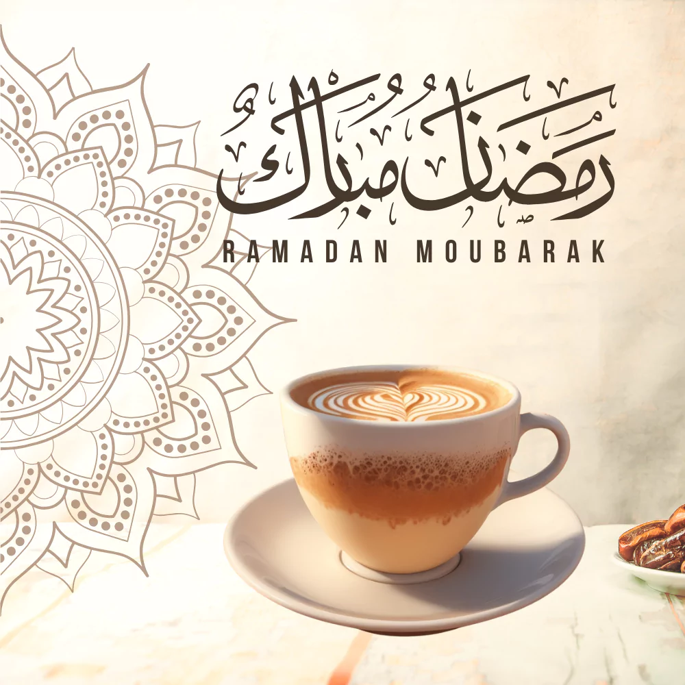 Ramadan 2025 Coffee Shop Landing Page Template – Elegant latte with Ramadan Mubarak calligraphy, Arabic geometric patterns, and dates in the background. Designed for seasonal promotions and special Iftar & Suhoor coffee offers