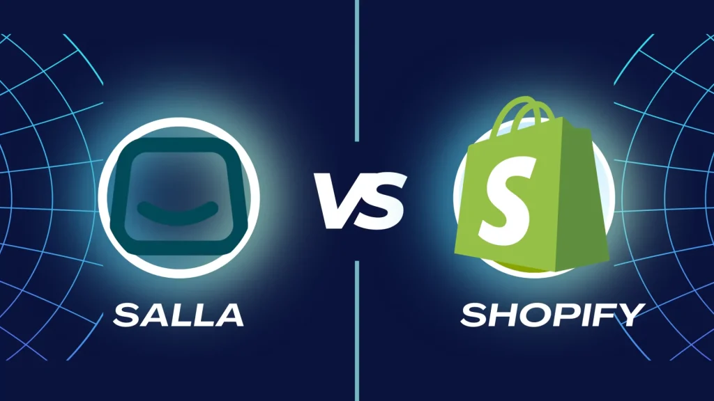 Featured image for the blog post 'Salla vs Shopify.' The image shows a comparison concept with the logos of Salla and Shopify, symbolizing a choice between the two e-commerce platforms. The design visually highlights their competition for building online stores in Saudi Arabia